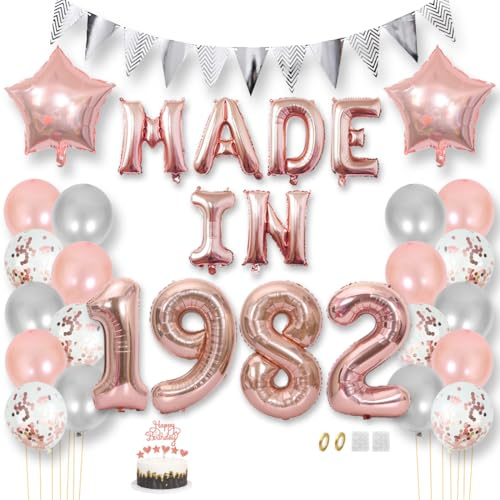 Daimay Happy 43 Birthday Balloon Banner Decorations Rose Gold MADE IN 1982 Aluminum Foil Letters Balloons Latex Confetti Balloons Triangle Flag Party Supplies Cake Topper for Men Women Photo Props