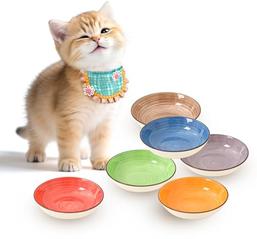 PTOBER Kattskål i keramik, Kattskålset – 6 stycken flerfärgade kattskålar med virvelmönster, Kattmatskålar med virvelmönster, Kattskål, Katttallrik platt – 250 ml
