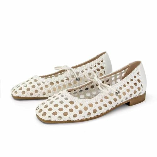 SOVANYOU Mesh Ballerina Flats for Women White Woven Ballet Flats Cute Mary Janes Comfortable Casual Dressy Straw Shoes with Strap