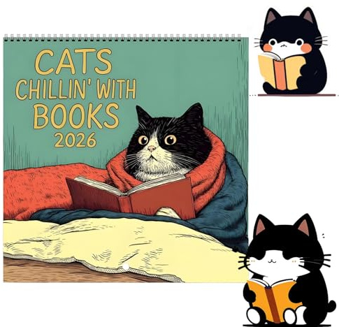 Cats Chillin med böcker 2026 väggkalender, läsning katt kalender 2026, rolig katt läsbok tema månadsplanerare, hängande 12 månaders vägg månadsplanerare med kattungar illustration