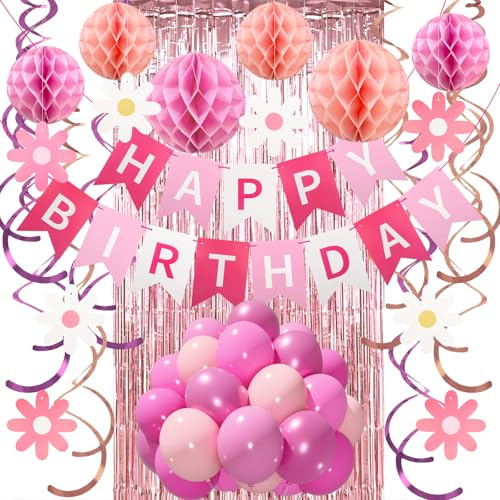 Geburtstags Dekoration Set, Rosa Geburtstagsdeko für Männer Frauen Jungen Mädchen - Happy Birthday Girlande mit Wabenball Luftballons Gänseblümchen Blume Hanging Swirl Streamer Vorhang Glitzer