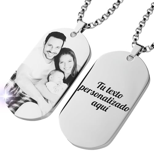 ErenBros Collar personalizado con foto hombre | Chapa militar personalizada grabada | Colgante con foto personalizada ideal como regalo dia del padre o regalos originales para hombre (Rectángulo)