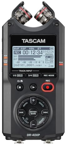 TASCAM DR-40XP 4-Channel 32-Bit Float Portable Handheld Field Recorder and USB-C Audio Interface — With 2 XLR/TRS Inputs and Adjustable Mics for Music, Audio for Video and Interviews