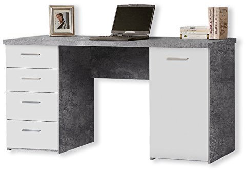FORTE Net106 Schreibtisch mit 4 Schubladen und 1 Tür, Holzwerkstoff, Betonoptik Lichtgrau / Weiß, 145 x 60 x 76.3 cm