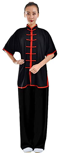 ZooBoo Unisex Cotton Blend Short Sleeves Tai Chi Suit Morning Exercise Uniform Kung Fu Clothing (XL, Black Red)