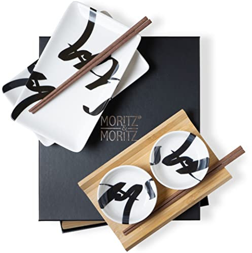 Moritz & Moritz 8-tlg. Sushi Geschirr Set für 2 Personen - Sushi Servierset mit 2x Sushi-Teller, Dip-Schälchen und Stäbchen