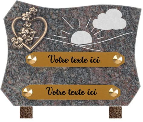 France Tombale Plaque funéraire personnalisée - Granit - assemblée en France - gravure soleil nuage bronze coeur - H 15 X L 20 cm - 2 textes