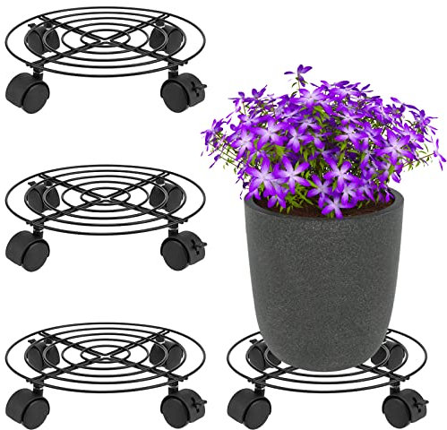 MUKLEI 4 Pack 27 cm Diameter Metal Plant Caddy, Rolling Plant Stands, Round Plant Dolly with Lockable Wheels, Flower Pots Holder on Wheels for Indoor and Outdoor Use, Black