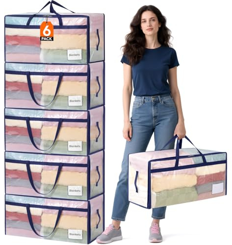 Lifewit Grands Sacs Rangement Vetement, Sac Demenagement avec Poignées, Housse Rangement Couette, Boite Rangement Pliable, Transparent, 90 L, Lot de 6