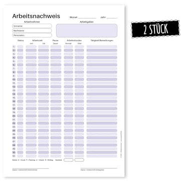 TypeStoff Arbeitsnachweis, Zeiterfassung, Stundenzettel, 2 Stück, Block, DIN A4, 50 Blatt - BB-01500-02