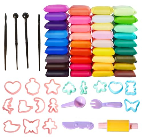 36 Farben Lufttrocknende Magische Knete Beutel Knete Modelliermasse Set Knete Starter Set Modelliermasse für kreative Gestaltung inklusive Werkzeuge und Formen