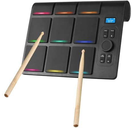 summina Elektronisches Schlagzeug 9 Pad Tragbares Digitales Drum Kit Portable Electric Tabletop Drum Set mit 16 Sounds 2 Pedalen LCD Display BT MIDI Anschluss für Übung zu Hause oder