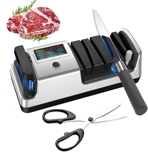 Upgrade 5-in-1 Electric Knife Sharpener, Professional 3-Stage with LCD Screen, 100% Diamond Abrasives, 3 Rotational Speed Adjustable, knife sharpener for Straight, Serrated, Meat Cleaver, Scissors