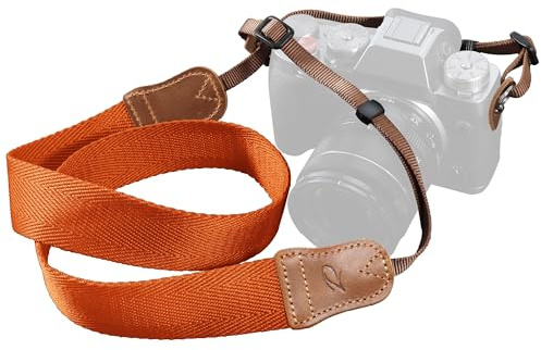 Padwa Lifestyle Orange Camera Strap - 1.5 Double Layer Crazy Horse Cowhide Ends Camera Straps for Photographers,Universal Adjustable Pure Cotton Woven Neck Shoulder Strap for Cameras and Binoculars