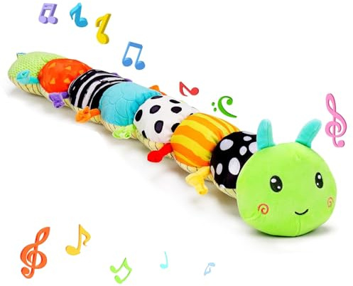 KINDLUME Giocattoli Bambini 0 3 6 Mesi, Bruco Sensoriale Montessori con Sonaglio Anello Dentizione e Carta Frusciante, Peluche attività per Tempo a Pancia in Giù, Regalo Neonato Maschio Femmina