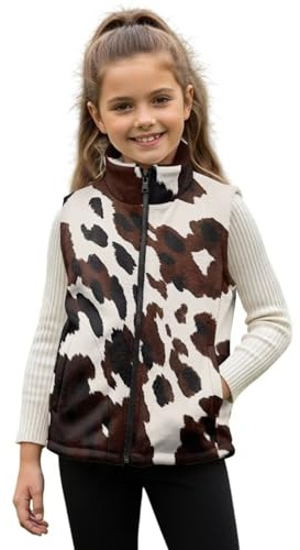 Renewold Fleece Vest Brown Cow Print Sleeveless Outerwear Jacket with Pockets Warm Fuzzy Girls Fleece Vests Kids Toddlers Teens Winter Spring Fall Zipper Coat Athletic Casual Daily Tops 9-10 Years