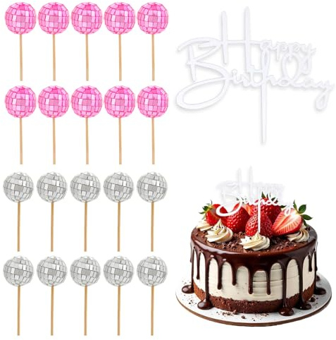 Embhlitfe 21 Pcs Disco Ball Cake Toppers,Disco Ball Cake Decorations Mini Disco Balls for Cake Disco Balll Cupcake Toppers,Pink and Silver Cake Balls for 1970s Disco Cake Decorations (Pink)