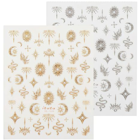 2 Pcs Goldene Boho-Nagelsticker pour la décoration des ongles, motifs étoiles, lune, soleil et serpent, stickers embossés 5D, stickers autocollants pour la décoration DIY des ongles