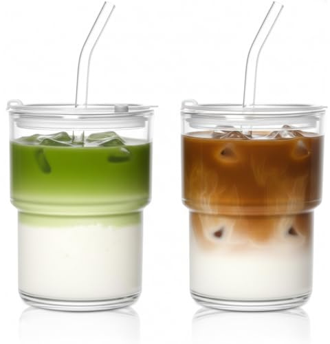 VITEVER 2 Stück 450ml Glasbecher mit Deckel und Strohhalm, Smoothie Becher mit Strohhalm, Luftdicht Wasserdicht Design Kaffeebecher Travel Mug, Eiskaffee Becher, Trinkglas