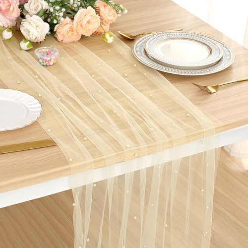 Mwellewm Champagne Gold Table Runner Pearl 120 Inch 10FT Wedding Table Decor Tulle Fabric Lace Dessert Dining Table Runner Veil Arch Bridal Shower Decorations Tablecloth for Birthday Party(3 Pcs)