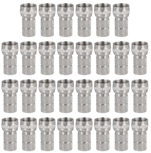 sourcing map 30 Pcs F Type Coaxial Cable Connectors, 75 Ohm Nickel Plating RG6 Coaxial Male Connector with Water Tight O Ring for Cable TV Antennas Routers Modems Satellite TV, Silver