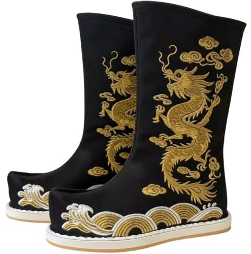 Muteitt Scarpe Hanfu Cinesi Uomo, Stivali Tradizionali Antichi, Stivali retrò con Drago, Scarpe per Costume Cosplay Cinese