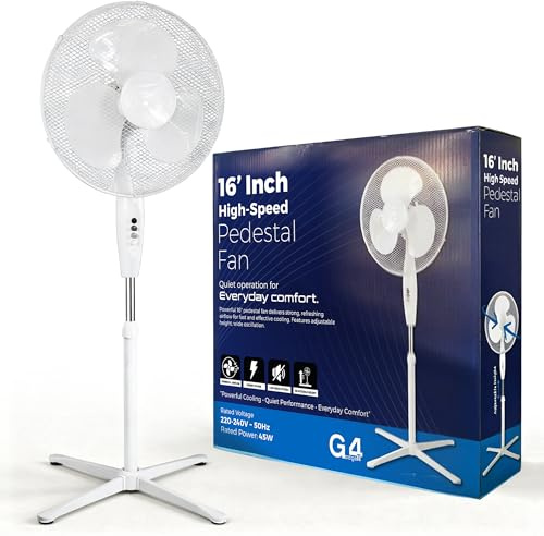 G4GADGET 16 Oscillating Pedestal Fan – 3 Speed Settings, 50W Quiet Cooling Floor Standing Fan – Adjustable Height, Push Button Control, 80° Oscillation – Ideal for Home, Office & Bedroom