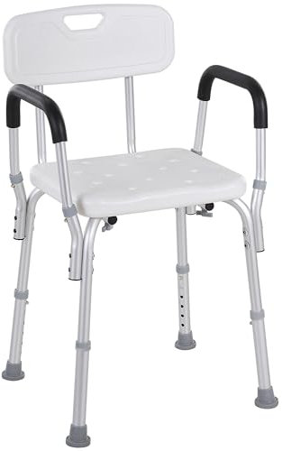 HOMCOM Silla Ducha Personas Mayores Silla para Ducha Taburete de Ducha Antideslizante con Altura Ajustable y Reposabrazos Regulable Carga 136 kg para Ancianos y Discapacitados
