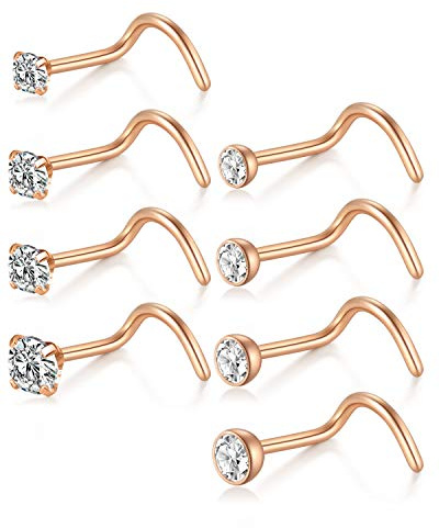 AceFun 18G 1,5 mm 2 mm 2,5 mm 3 mm runde Diamant CZ Nasenpiercing nasenstecker spirale Nasenschmuck Ringe Piercing Schmuck 8PCS Rose Gold