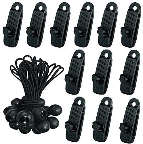 Gmili 24 Pcs Clip de Tente Bâche avec 12x Pince pour bache et 12x Tendeur Corde Elastique, Pince a oeillet pour bache Camping Accessoires pour Tentes, bache Piscine, Bâches, Auvents, Gazebos Tente