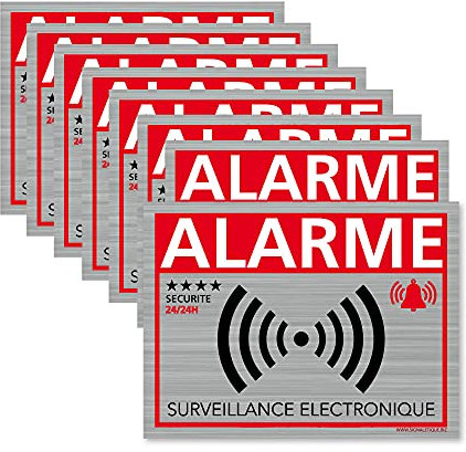 Autocollant alarme maison dissuasifs (x8) – Alarme surveillance électronique aluminium brossé - Taille de l'adhésif anti-cambriolage 80x60 mm - Sticker de sécurité alarme surveillance électronique