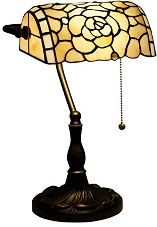 Tiffany Style Bankers Lampe Antike Nachttischlampe mit rosafarbenen Buntglas Lampenschirm Klavierlampe Schlafzimmer Tischleuchte zum Lesen von Dekoration Geschenk