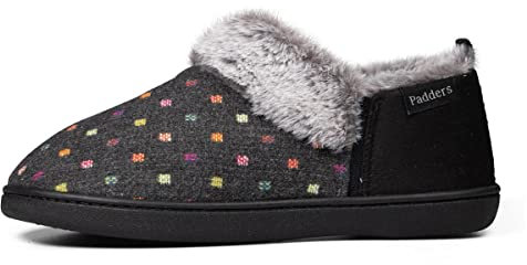 Padders Ladies Slippers 2E Side Stitched Washable - CHARCOAL WOVEN SPOT Size 5