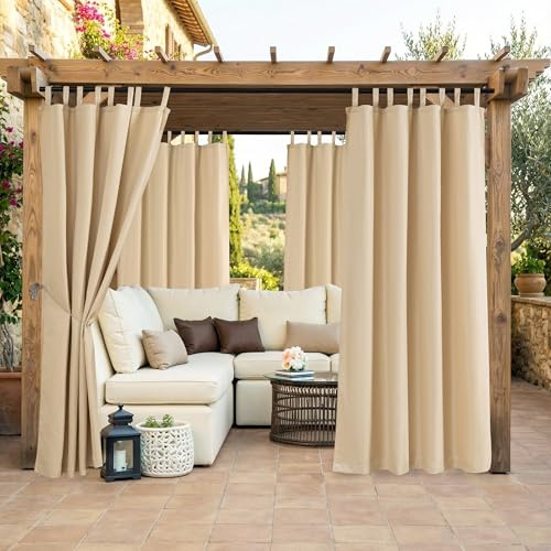 Clothink Outdoor Vorhang Wetterfest Klettverschluss, Outdoorvorhänge Wasserdicht Outdoor Gardinen Sonnenschutz Sichtschutz für Balkon Pergola Terrasse Veranda (255x275cm, 1 Stück, Beige)