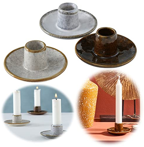 LS-LebenStil 3-Fach Keramik Stabkerzen Kerzenständer 9x6cm 3er Set Stück Braun Grau Rund Kerzenhalter Kerzenleuchter Kerzenschale Stabkerzenhalter Kammerleuchte Tischdeko Räucherstäbchenhalter