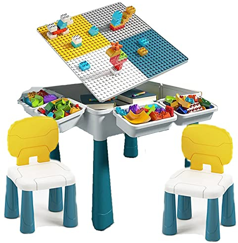 7-in-1 Kid's Activity Table - Toy Storage, Dining Table, Desk, Drawing Board, Paddling Pool, Indoor/Outdoor Sandpit, and Building Blocks Compatible (Table&Two Chairs)