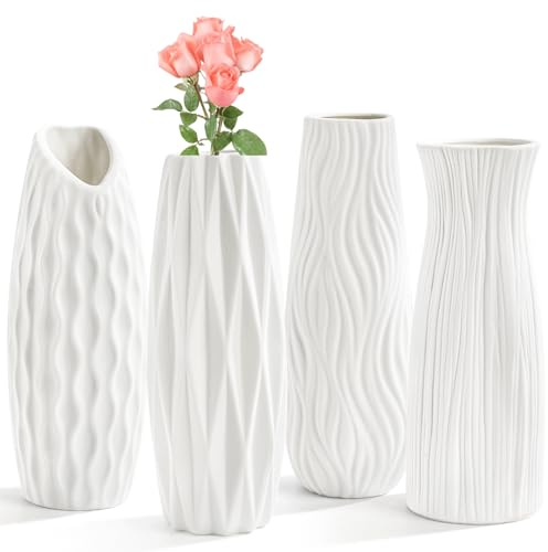 Peohud 4 Pack White Ceramic Flower Vases, 20cm / 9.5 Inch Tall Flower Vases for Home Decor, Modern Minimalist Floral Vase for Centerpieces, Table Shelf Bedroom Kitchen Living Room