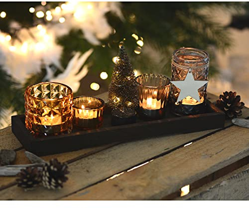 Teelichthalter-Set 31cm auf Echtholztableau inkl. LED-Beleuchtung Deko Kerzenhalter Windlicht Herbstdeko Glas