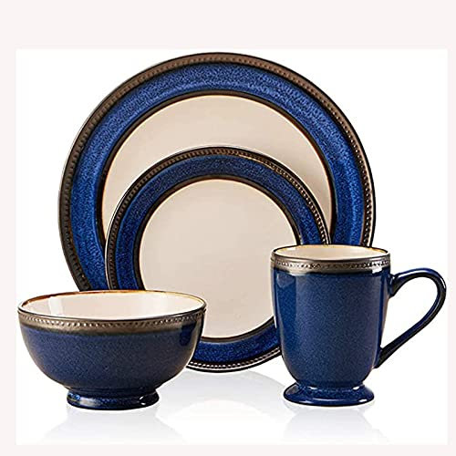 MIlAodE Set di Piatti Piani in Ceramica, Set di stoviglie da 4 Pezzi, Design Vintage Resistente in Blu Cobalto e Bordo Oro, Piatti, Ciotole, Tazze da caffè, Servizio per 1