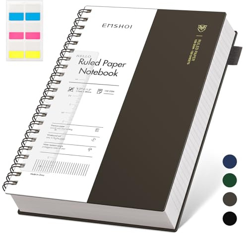 EMSHOI Carnet A4 ligné pour université, bloc-notes à spirale 150 feuilles/300 pages, 100 g/m², couverture PVC, notes autocollantes, poche, anneau porte-stylo, règle, marque-page, journal ligné pour