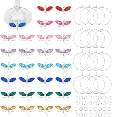 UNICRAFTALE 32 Stück 8 Farben Bunte Libellen Weinglas Marker Herstellungsset Legierungs Strass Anhänger Mit Weinglas Charms Ringe Wein Charms Getränke Charms Für Party Jahrestag Zusammenkunft