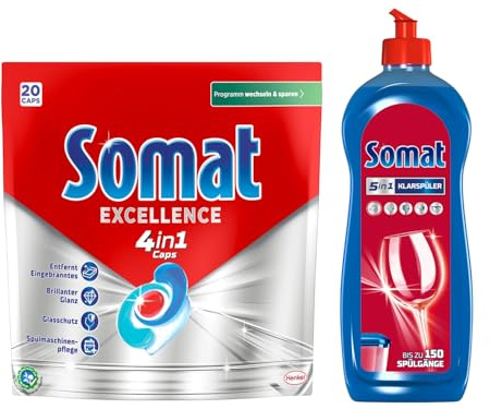 SOMAT 4in1 Caps 20 AW Excellence, schnellauflösende Spülmaschinentabs, Somat Caps für exzellente Reinigung & Glanz sogar im Eco-Programm + Somat Duo Power Experten Klarspüler 750ml