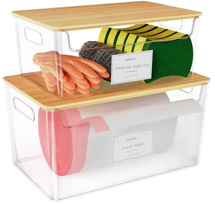 COAZEX 2 Pack Trash Bag Holder Under Sink Stackable, Plastic Garbage Dispenser with Lid, Trash Bag Storage Dispenser Roll Holder for Kitchen, Pantry, Laundry Room Organization