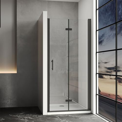 IMPTS Duschtür Falttür 100cm Schwarz Nischentür Duschabtrennung Nische Drehtür Dusche Drehfalttür Rahmenlos 180° Faltbar mit 6mm Nano Beschichtung, Höhe 195cm