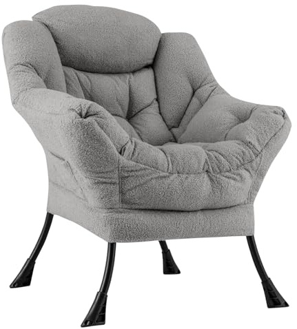 RELAX4LIFE Relaxsessel Stoff, moderner Ohrensessel, dick gepolsterter Loungesessel mit Armlehnen & Kopfkissen & Metallrahmen & Seitentasche, Einzel Sessel für Wohnzimmer & Schlafzimmer (Grau)