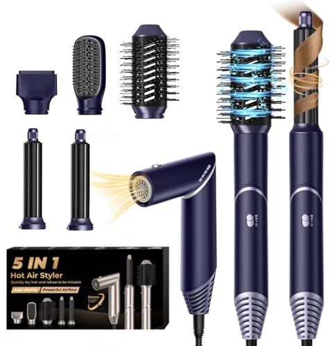 5 in 1 Airstyler Rundbürstenföhn Ionen Föhn mit Luft-Lockenstab, UKLISS Hairstyler 5 in 1 Airbrush Hair Dryer Set Warmluftbürste Multistyler Air Styler Haarstyler Lockenföhn Haartrockner, Blau/Silbrig