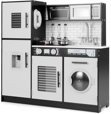 COSTWAY Kids Wooden Kitchen, Pretend Play Kitchen with Light, Sound, Oven, Washing Machine, Microwave, Water Dispenser, Telephone & Utensils, Children Chef Role Playset for Boys Girls (Grey+Black)