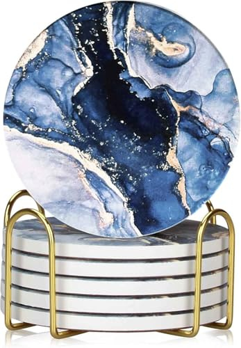 Lot de 6 dessous de verre avec support, en céramique, style marbre, absorbants, sous-verres abstraits de 10,2 cm, pour toutes les tasses, décoration de maison, salon, protection de table pour café et