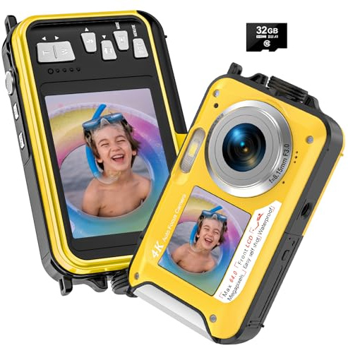4K Underwater Camera with 32GB Card 1250mAh Battery 64MP Autofocus 16FT Waterproof Camera Dual-Screen Selfie 16X Waterproof Floatable Digital Camera Underwater Camera for Snorkeling