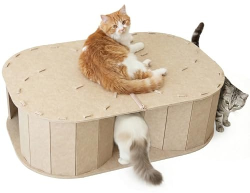 PETKARAY Großer Katzentunnel aus Filz, doppeltes S-förmiges Versteck für Indoor-Katzen, interaktives Katzenbett, Höhle und Versteck 86,4 x 57,9 x 25,9 cm, Beige